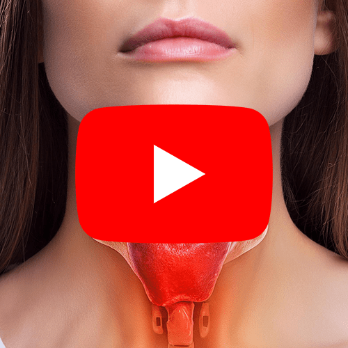 Imagem do pescoço de uma mulher com uma ilustração da glândula tireoide destacada em vermelho, sobreposta pelo ícone do YouTube, indicando vídeo sobre o tema.