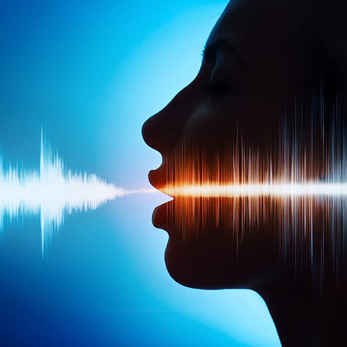 Silhueta de uma pessoa falando, com ondas sonoras saindo da boca sobre fundo azul, simbolizando emissão e análise da voz.
